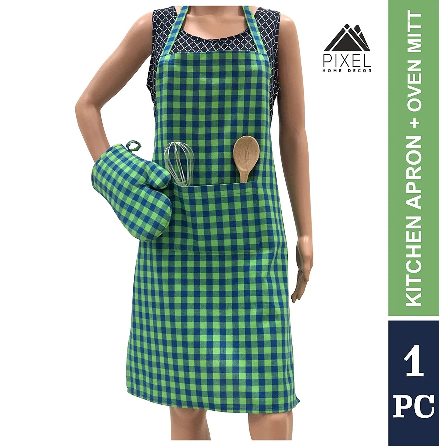 Green gingham apron with mitten