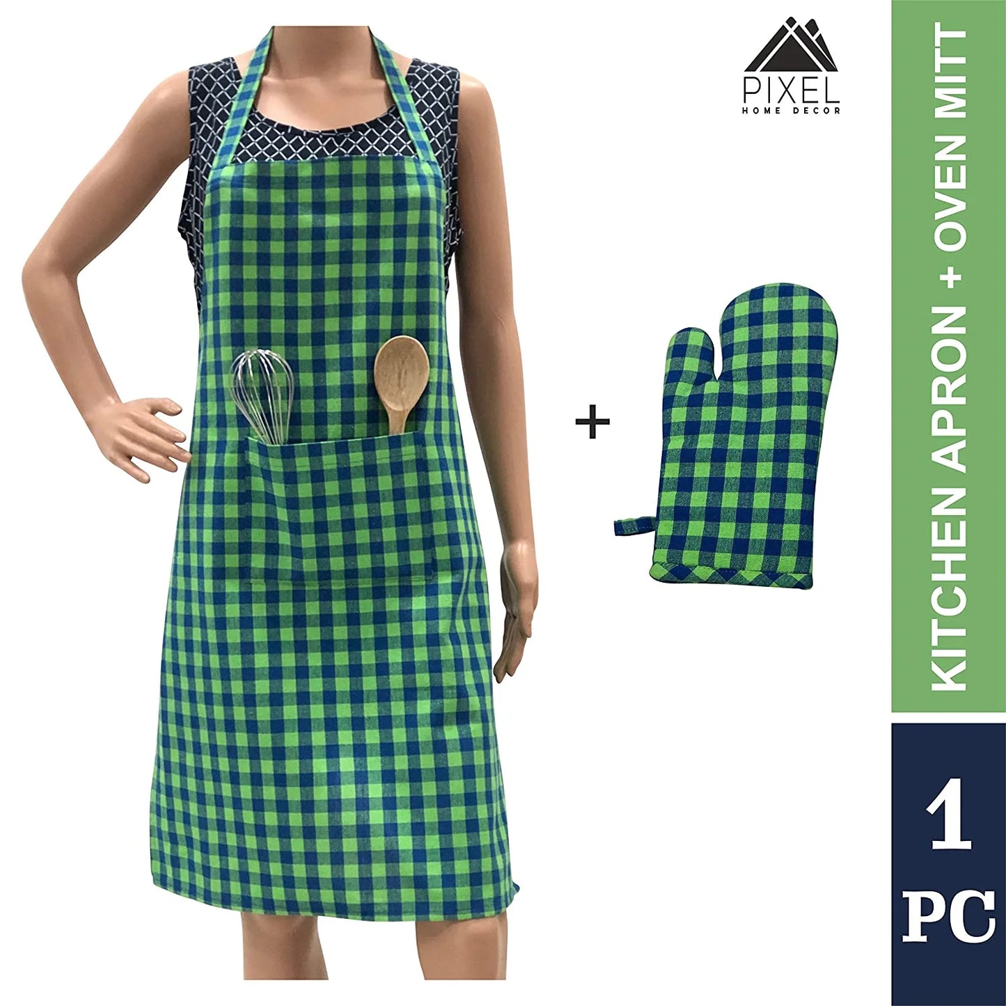 Green gingham apron with mitten