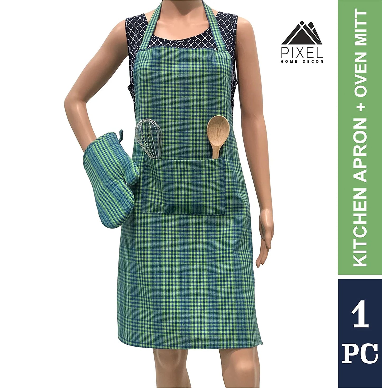 Green pin stripe apron with mitten