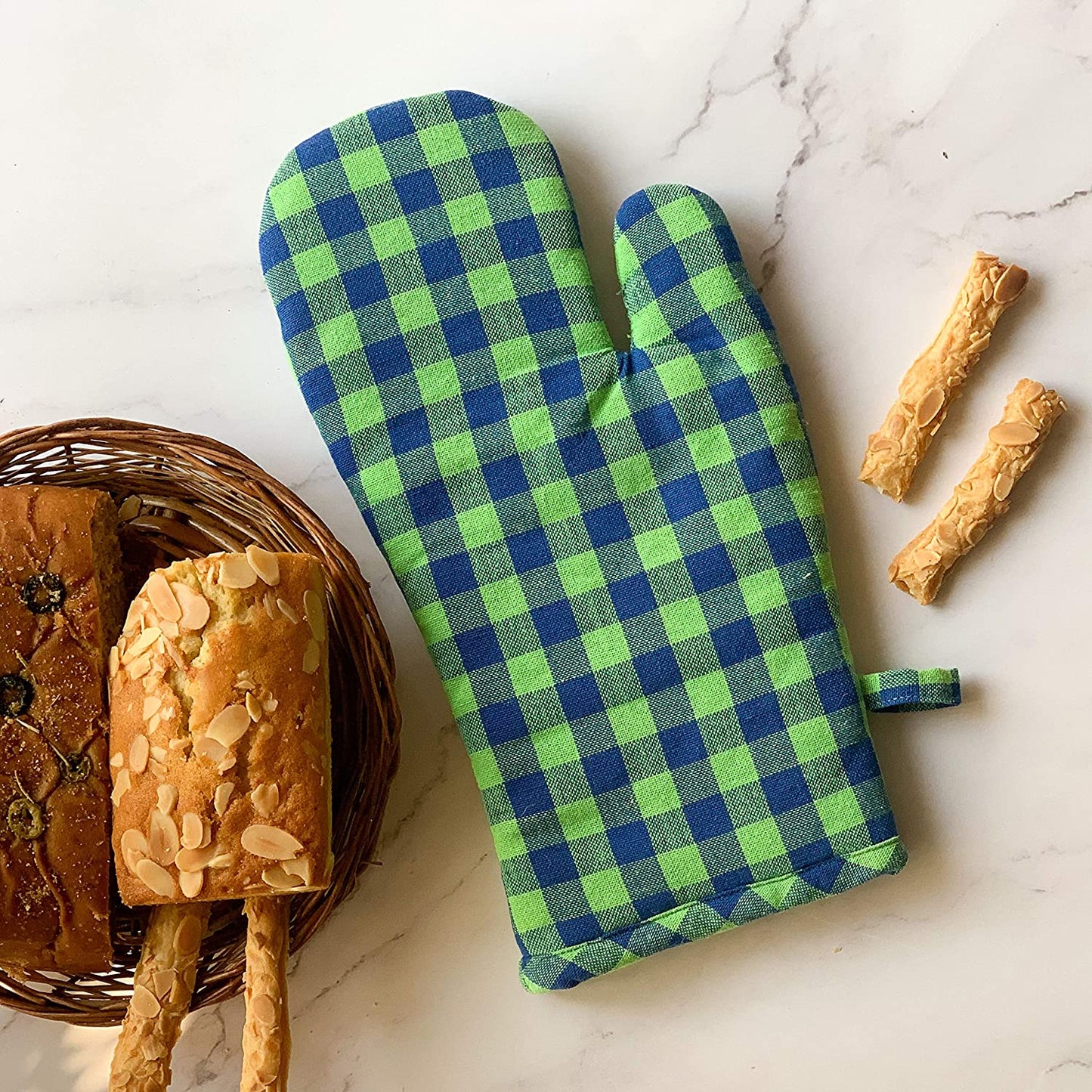 Green gingham apron with mitten