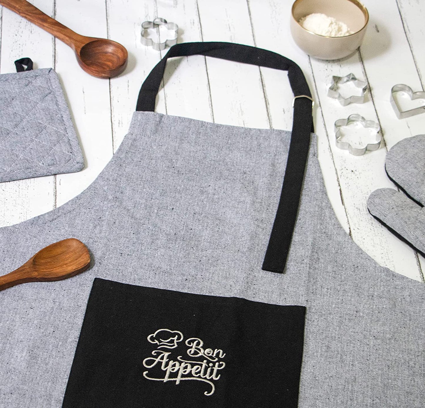 Apron with Oven MITT and Pot Holder with Free 2 PCS Kitchen Towels