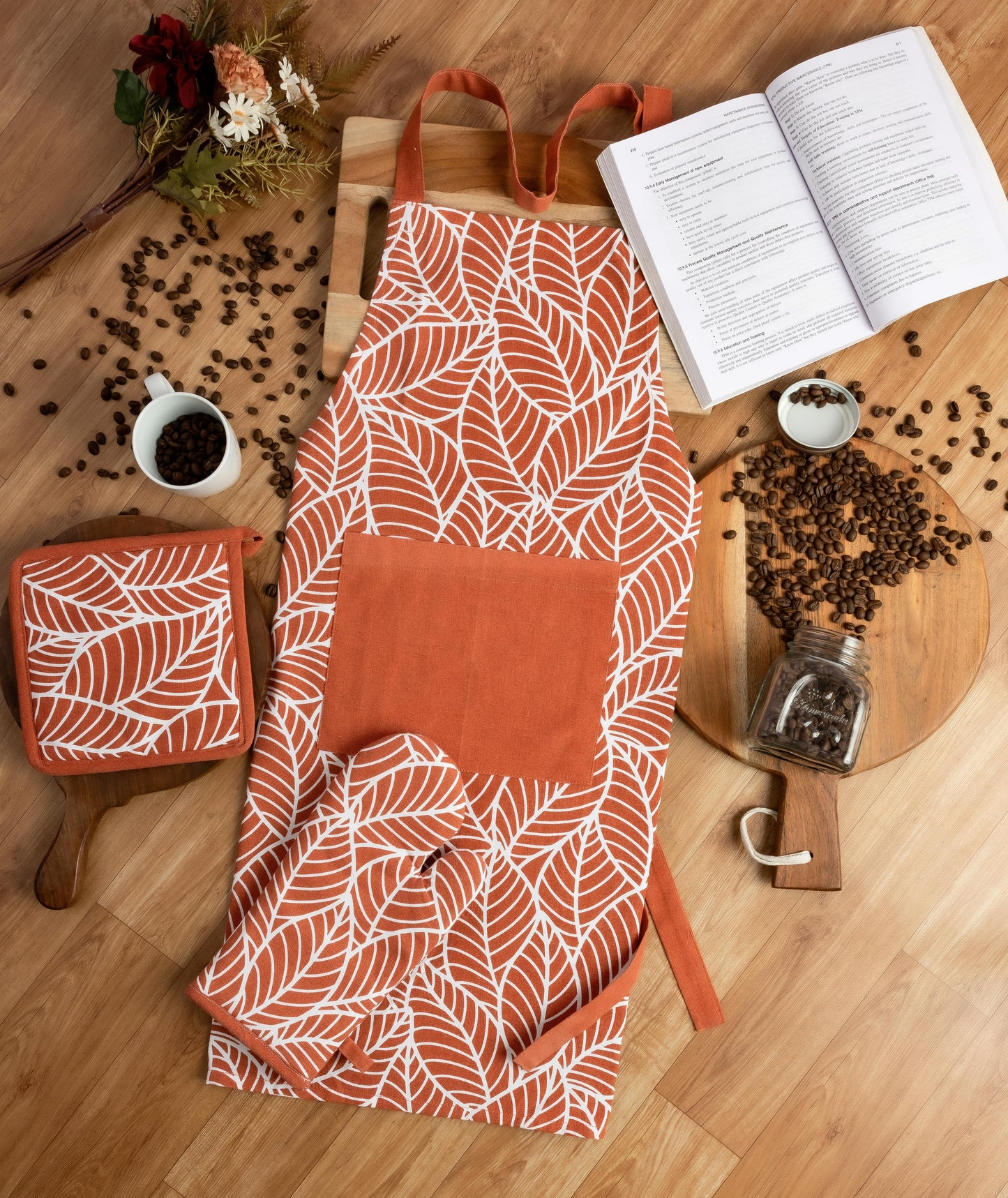 Terracotta leaf kitchen linen set | 4 pc