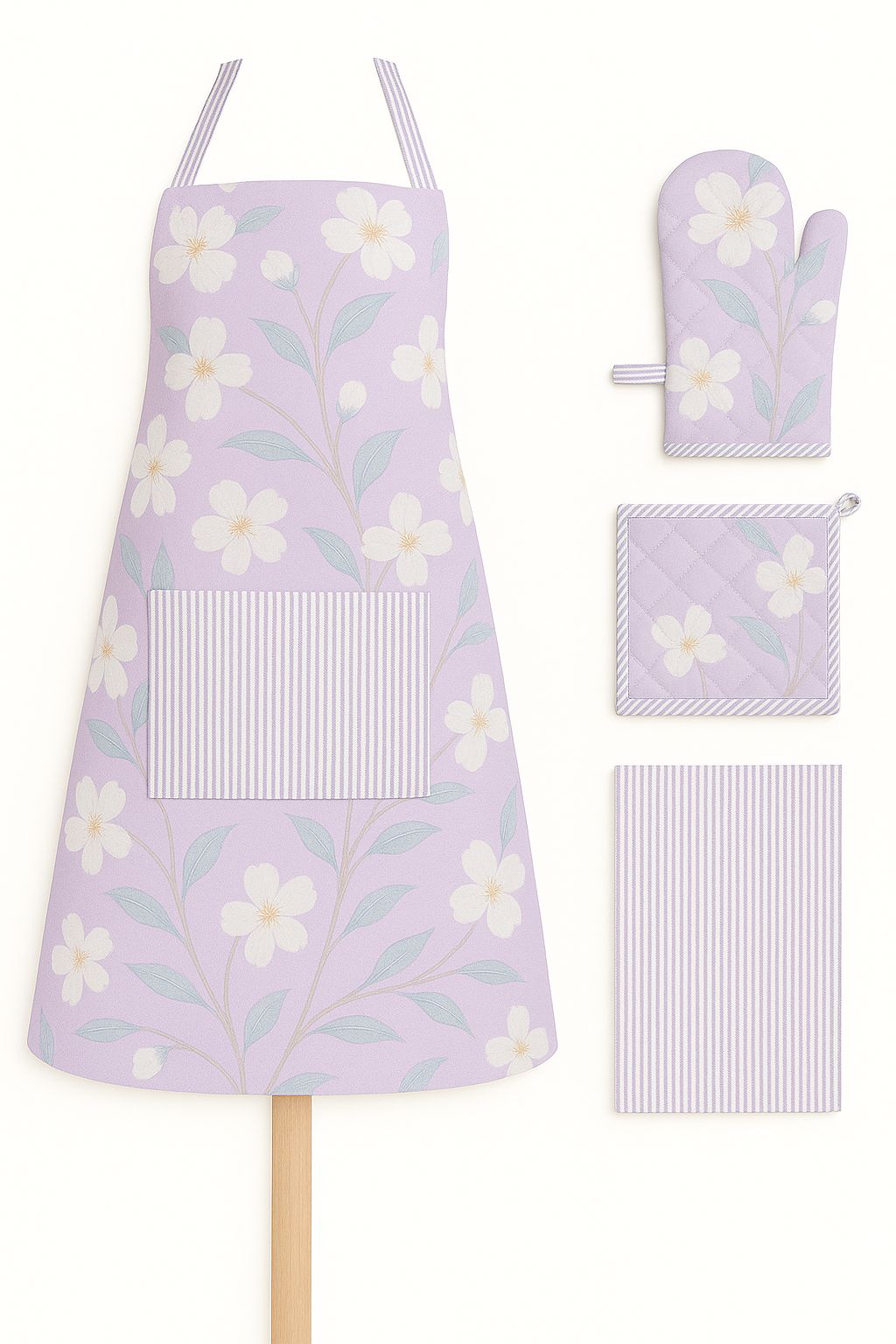 Cotton kitchen linen set | Cherry blossom | apron, oven mitten, pot holder, kitchen towel | 4pc