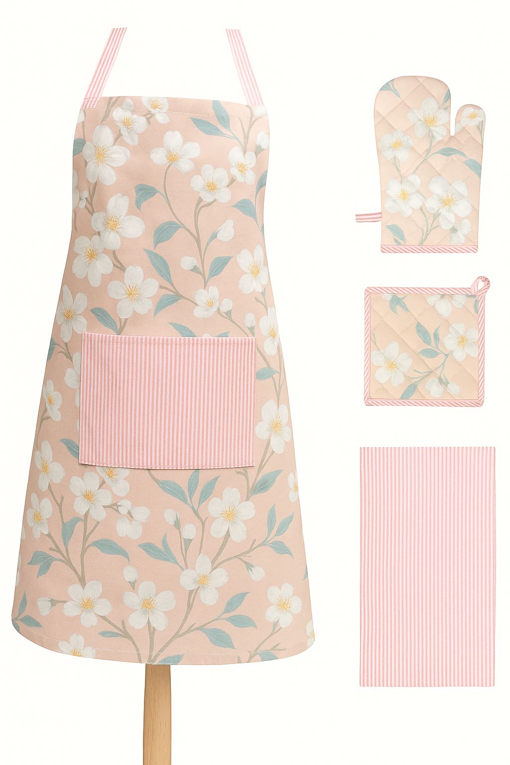 Cotton kitchen linen set | Cherry blossom | apron, oven mitten, pot holder, kitchen towel | 4pc