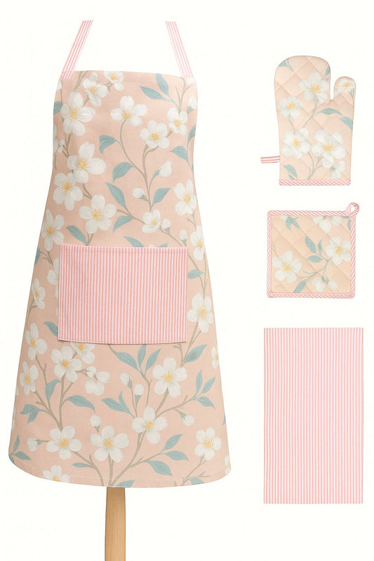 Cotton kitchen linen set | Cherry blossom | apron, oven mitten, pot holder, kitchen towel | 4pc