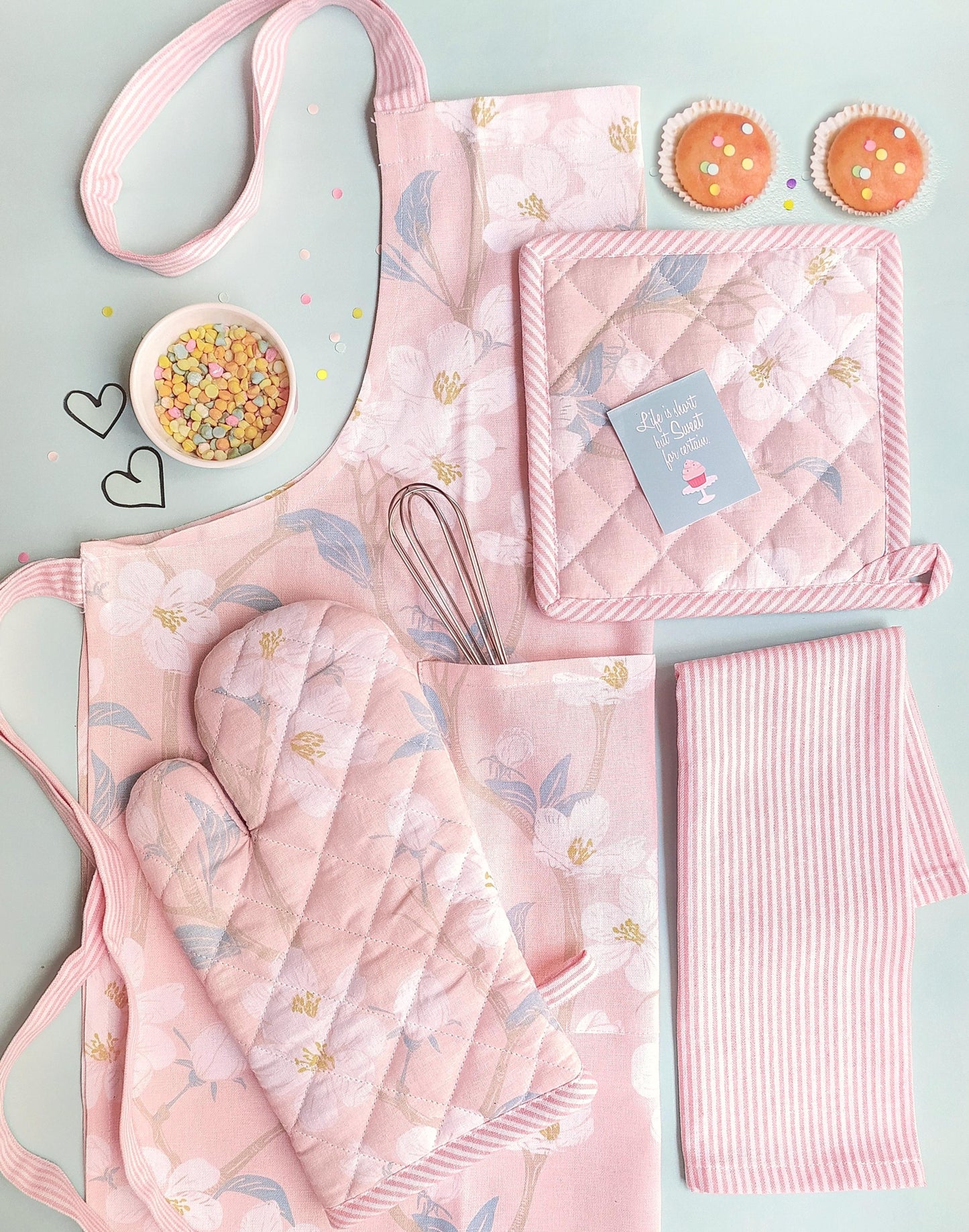 Cotton kitchen linen set | Cherry blossom | apron, oven mitten, pot holder, kitchen towel | 4pc