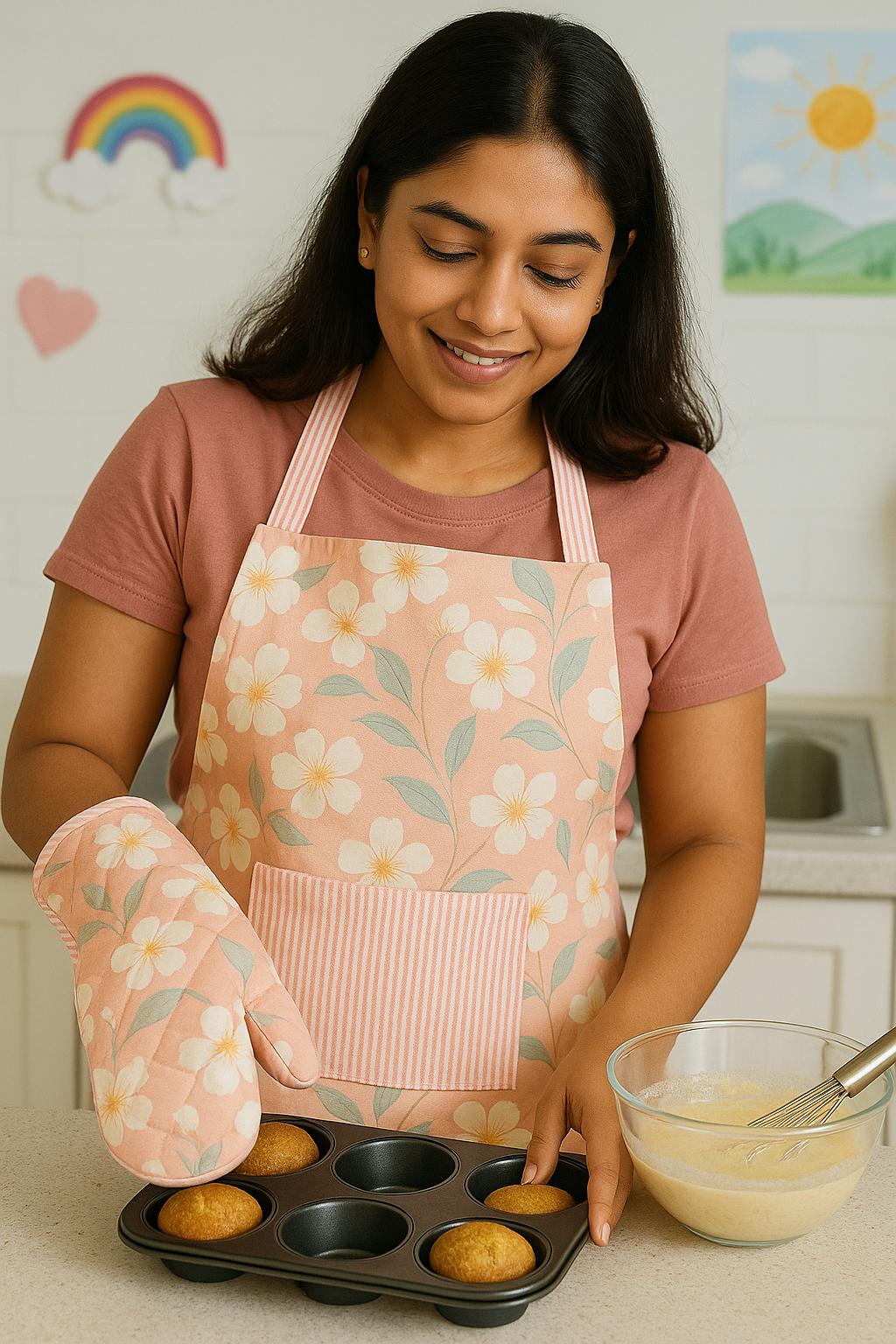 Cotton kitchen linen set | Cherry blossom | apron, oven mitten, pot holder, kitchen towel | 4pc