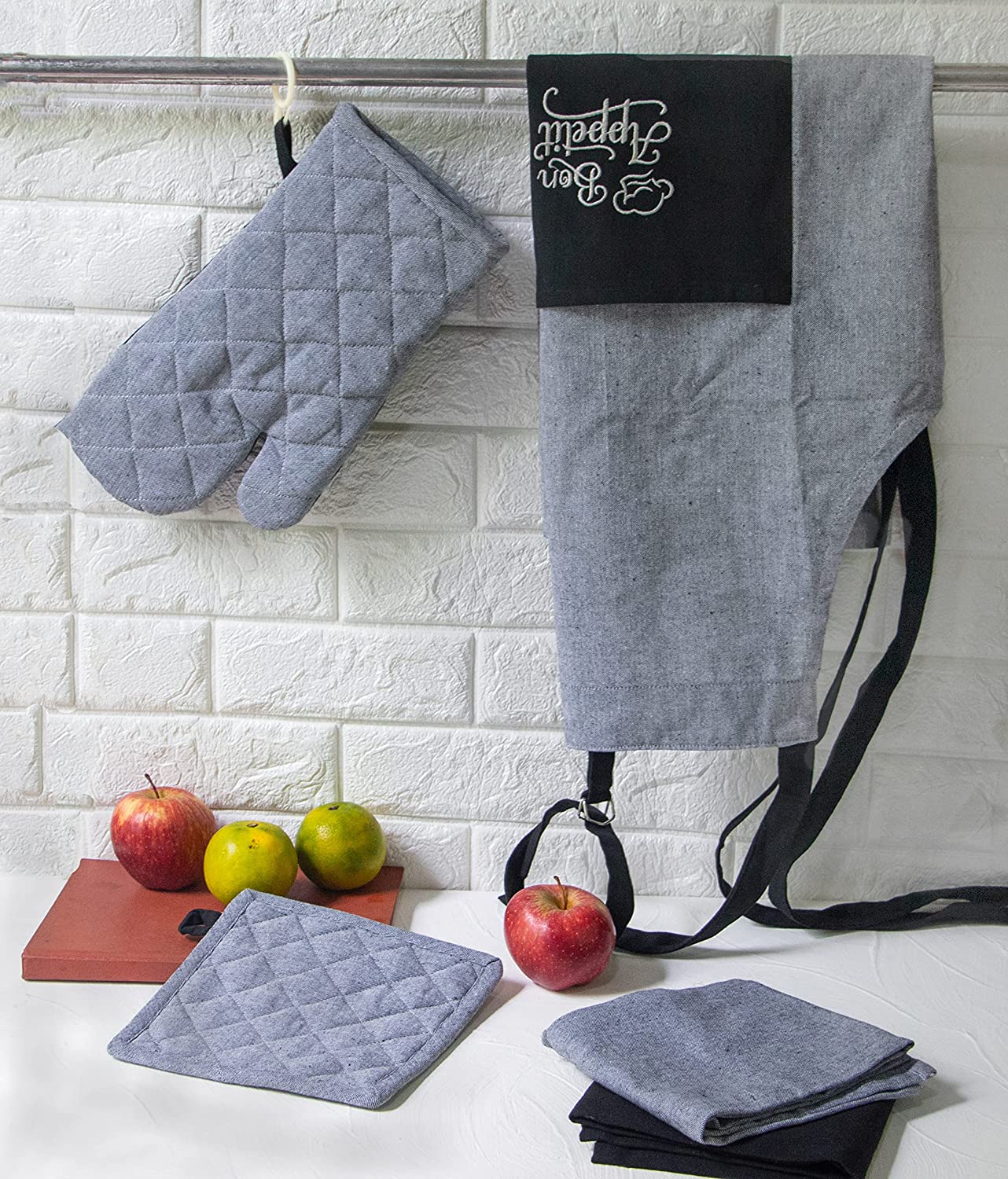 Apron with Oven MITT and Pot Holder with Free 2 PCS Kitchen Towels