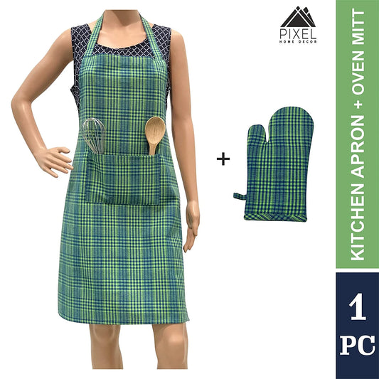 Green pin stripe apron with mitten