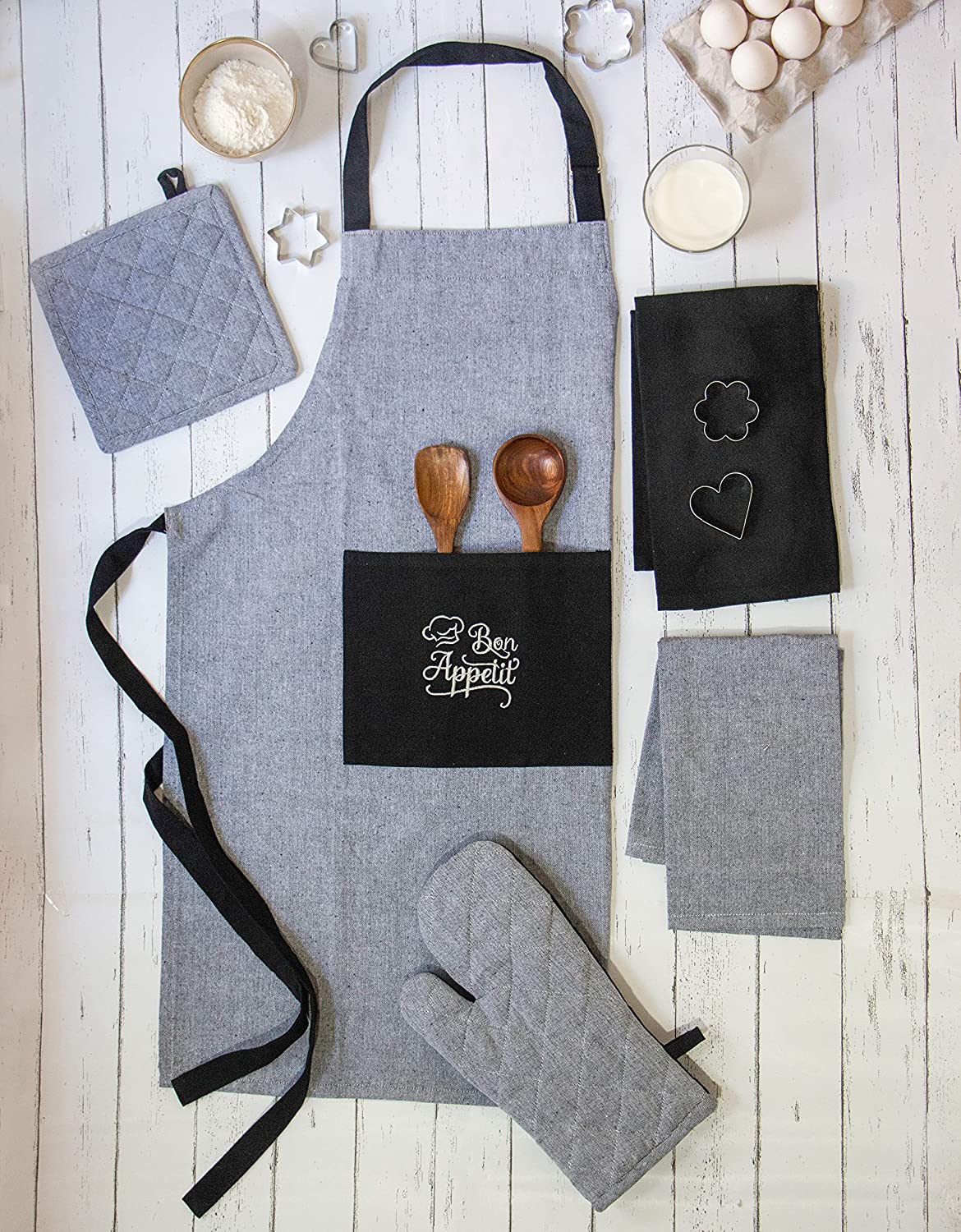 Apron with Oven MITT and Pot Holder with Free 2 PCS Kitchen Towels