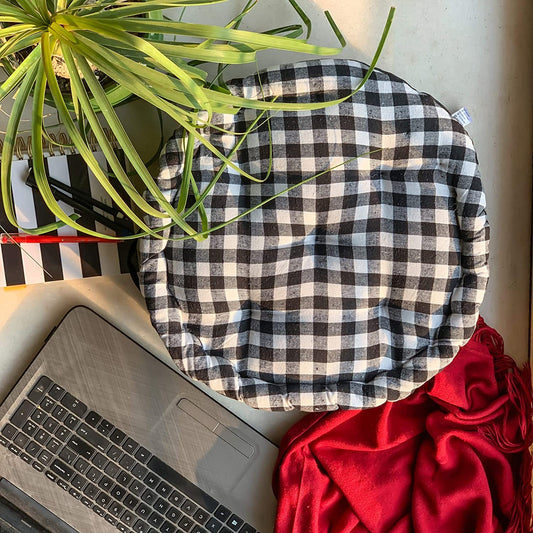 White gingham round cushion