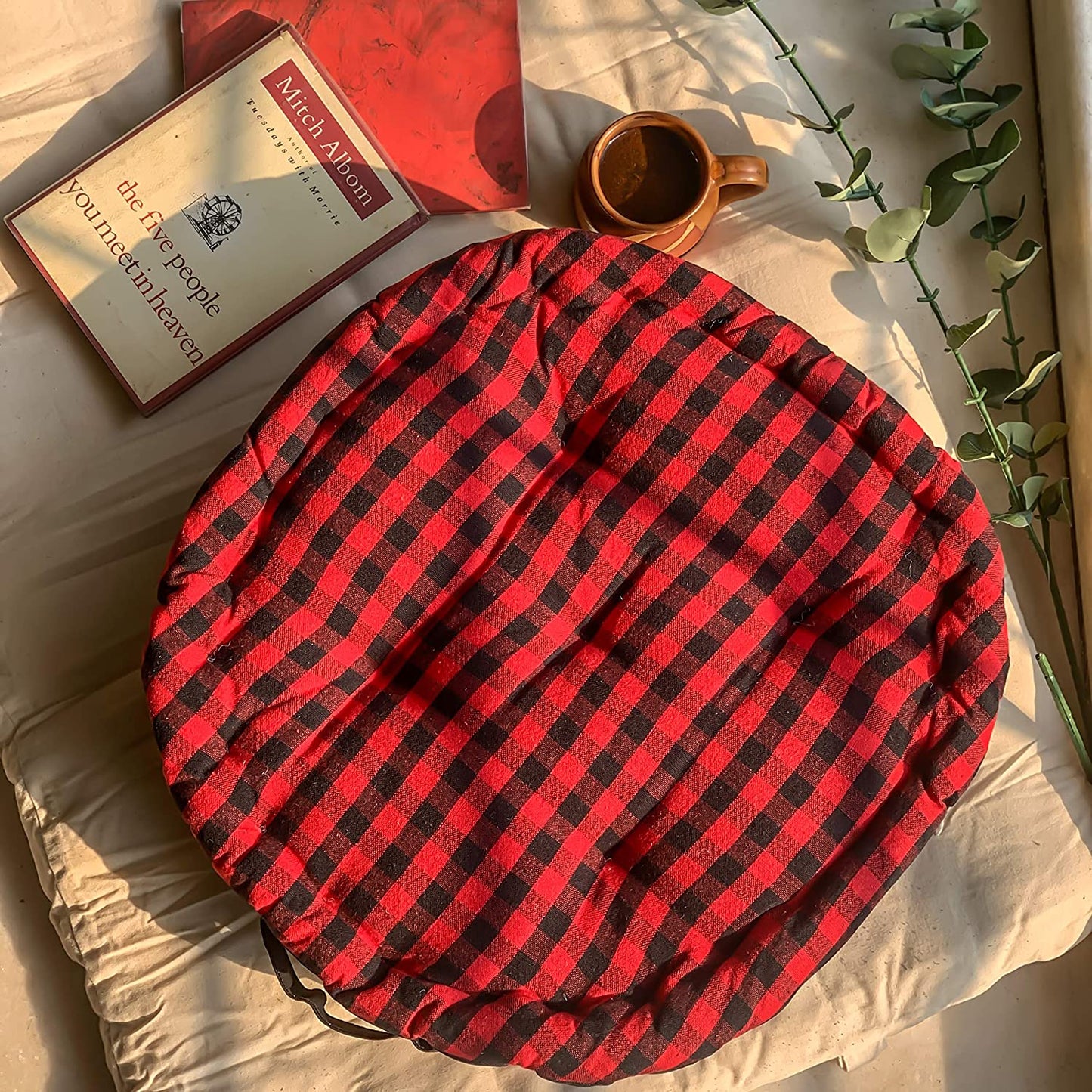 Red gingham round cushion