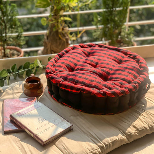 Red gingham round cushion
