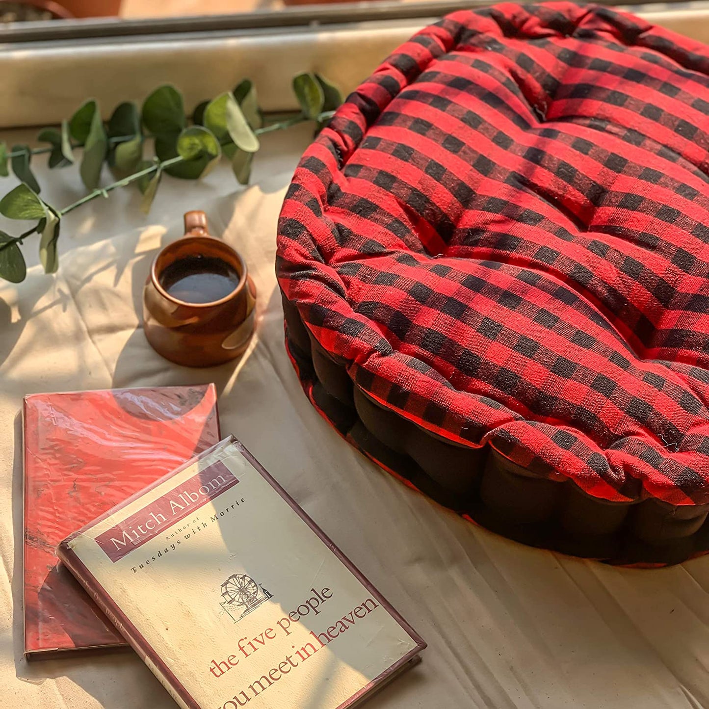 Red gingham round cushion