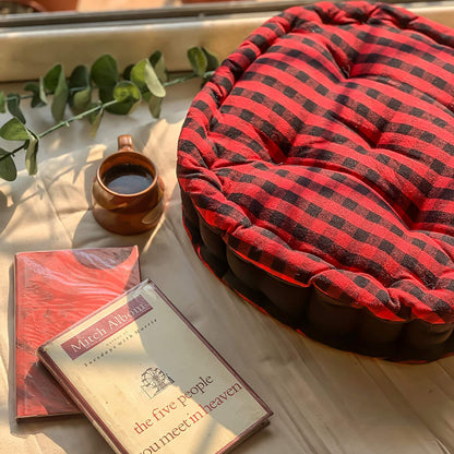 Red gingham round cushion