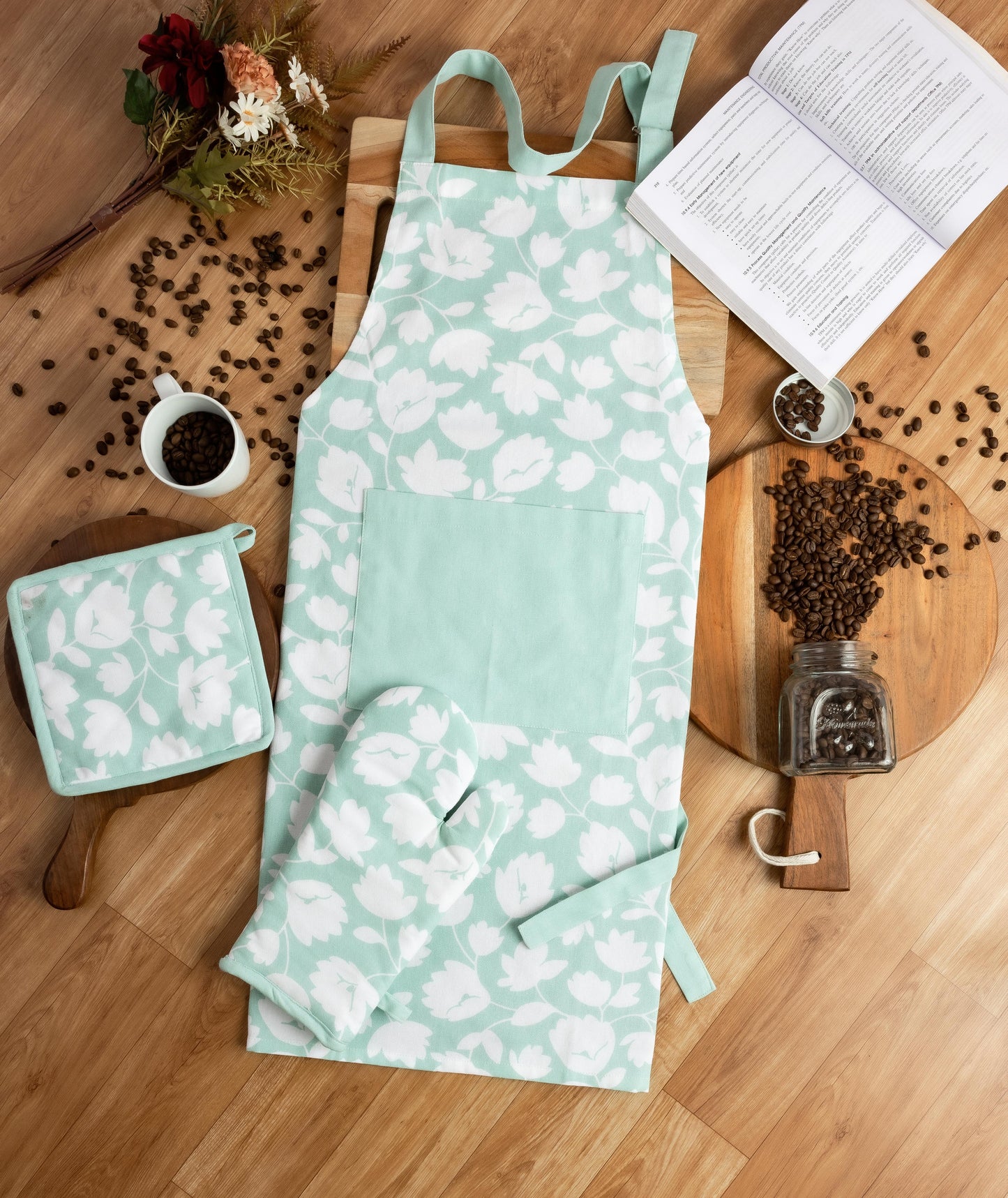 Mint Floral Kitchen Linen Set | 4 Pc