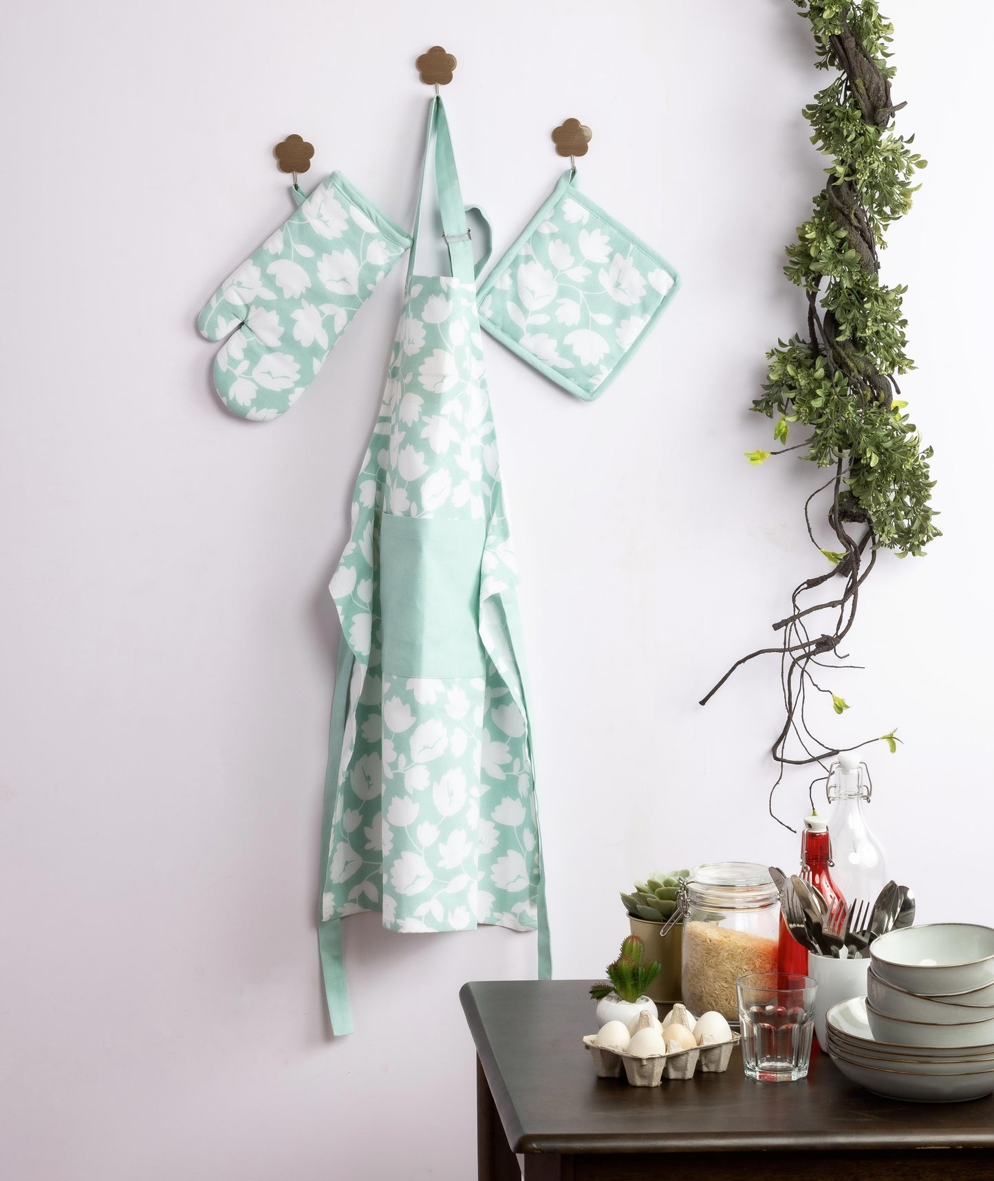 Mint Floral Kitchen Linen Set | 4 Pc