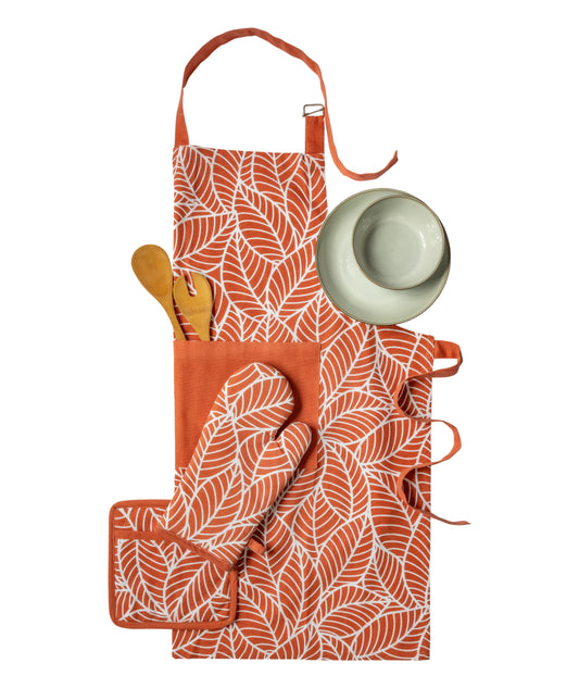 Terracotta leaf kitchen linen set | 4 pc
