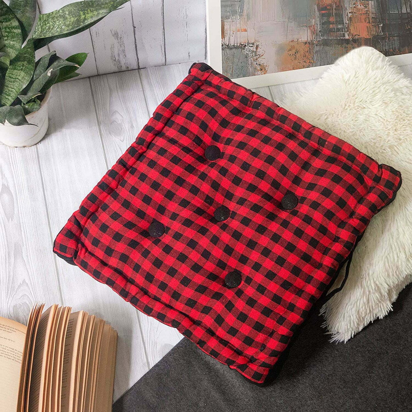Red gingham floor cushion