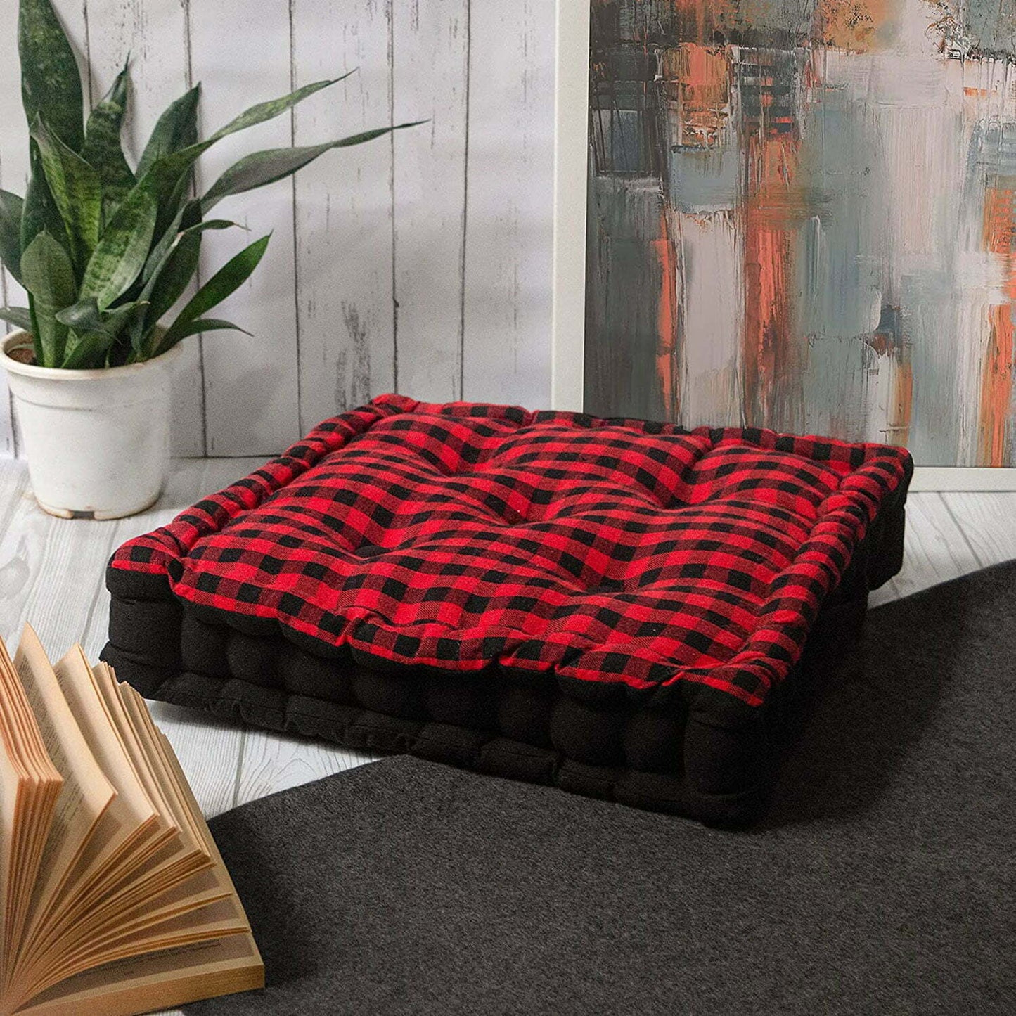 Red gingham floor cushion