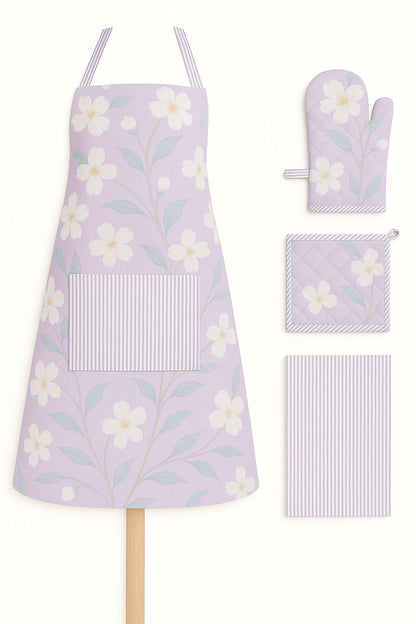 Cotton kitchen linen set | Cherry blossom | apron, oven mitten, pot holder, kitchen towel | 4pc