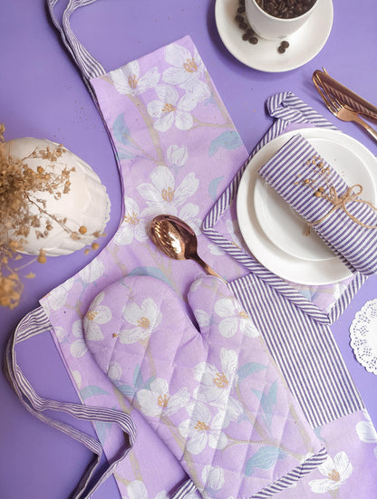 Cotton kitchen linen set | Cherry blossom | apron, oven mitten, pot holder, kitchen towel | 4pc