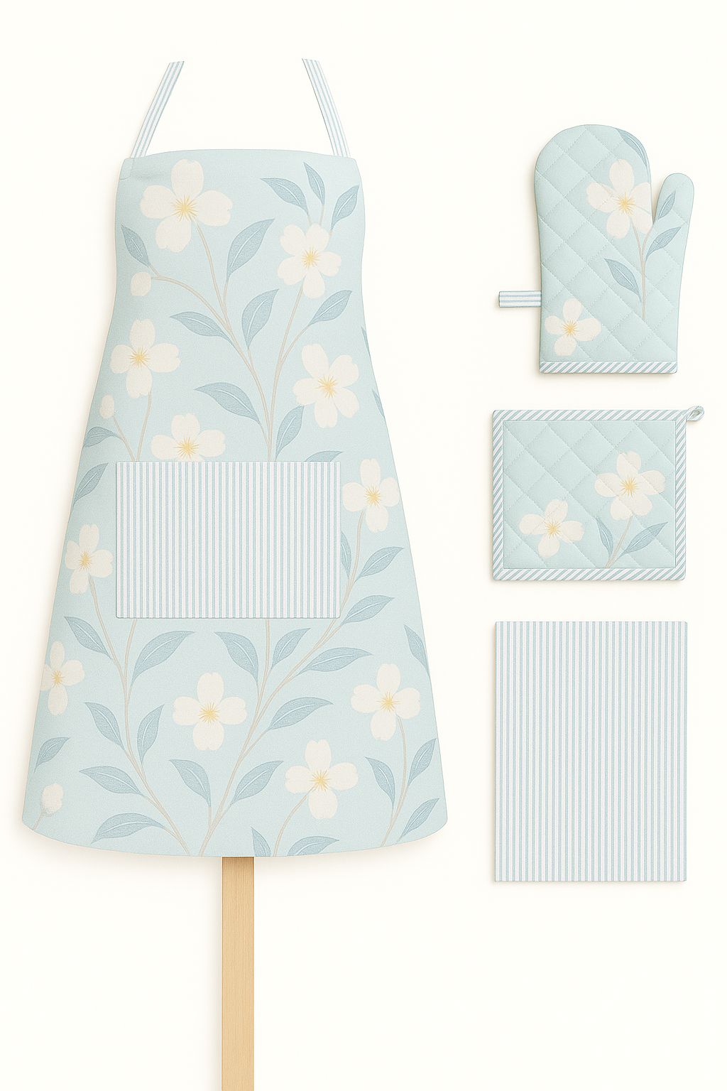 Cotton kitchen linen set | Cherry blossom | apron, oven mitten, pot holder, kitchen towel | 4pc